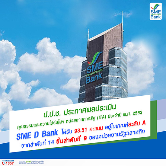 SME D Bank ได้รับ 93.51 คะแนน อยู่ในเกณฑ์ระดับ A จากการประเมินคุณธรรมความโปร่งใสฯ หน่วยงานภาครัฐ ปี 63 โดย ป.ป.ช.