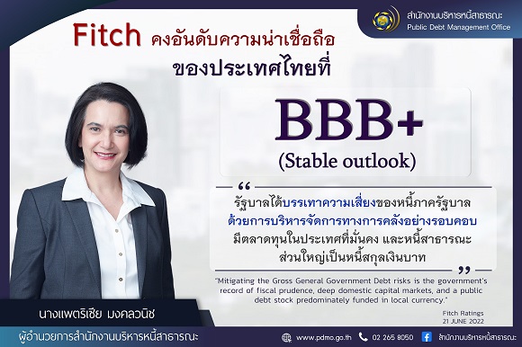 Fitch Ratings คงอันดับความน่าเชื่อถือของประเทศไทย (Sovereign Credit Rating) ที่ BBB+ และคงมุมมองความน่าเชื่อถือของประเทศไทยอยู่ในระดับมีเสถียรภาพ (Stable Outlook)
