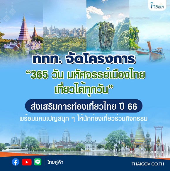 ททท. จัดโครงการ '365 วัน มหัศจรรย์เมืองไทยเที่ยวได้ทุกวัน' ส่งเสริมการท่องเที่ยวไทย ปี 66 พร้อมแคมเปญสนุกๆ ให้นักท่องเที่ยวร่วมกิจกรรม