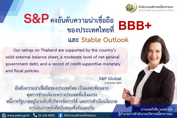 S&P คงอันดับความน่าเชื่อถือของประเทศไทยที่ BBB+ และมุมมองความน่าเชื่อถือที่ระดับมีเสถียรภาพ (Stable Outlook)    