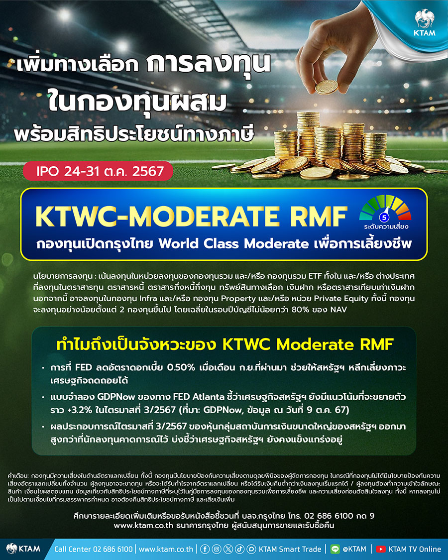 KTAM ส่งกองทุนผสมเสริมพอร์ตพร้อมลดหย่อนภาษี ‘KTWC Moderate RMF’ IPO 24-31 ต.ค.นี้